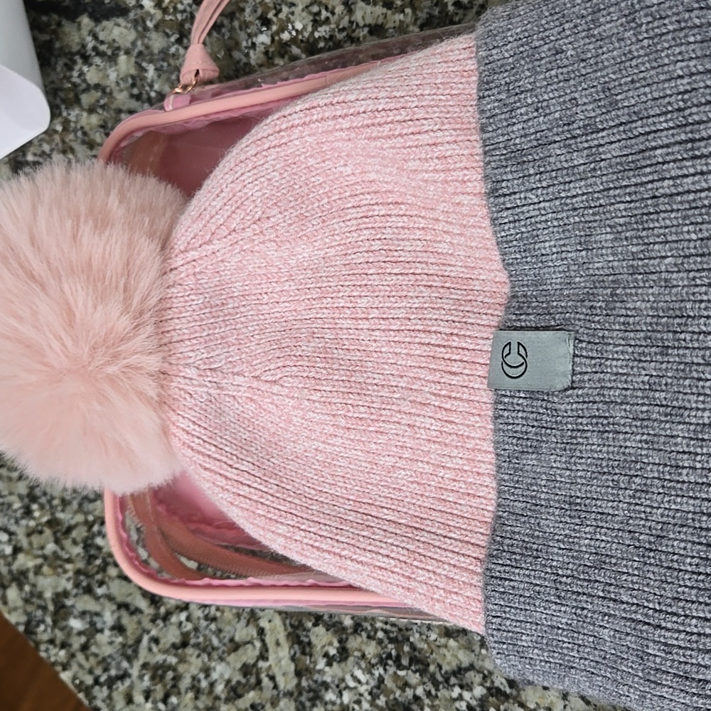 Anastasia Clear Bag & Pink and Gray  Pom Pom Hat & Teddy Clip